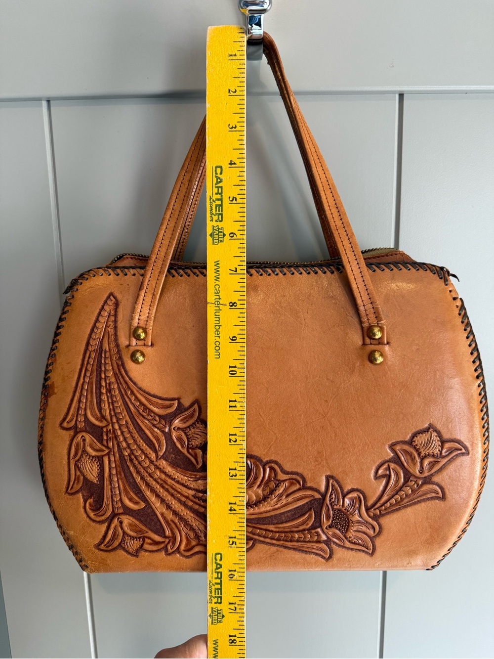 Vintage Hand Tooled Leather Purse Western Floral Carved Brown Barrel Bag Satchel - Picture 6 of 9